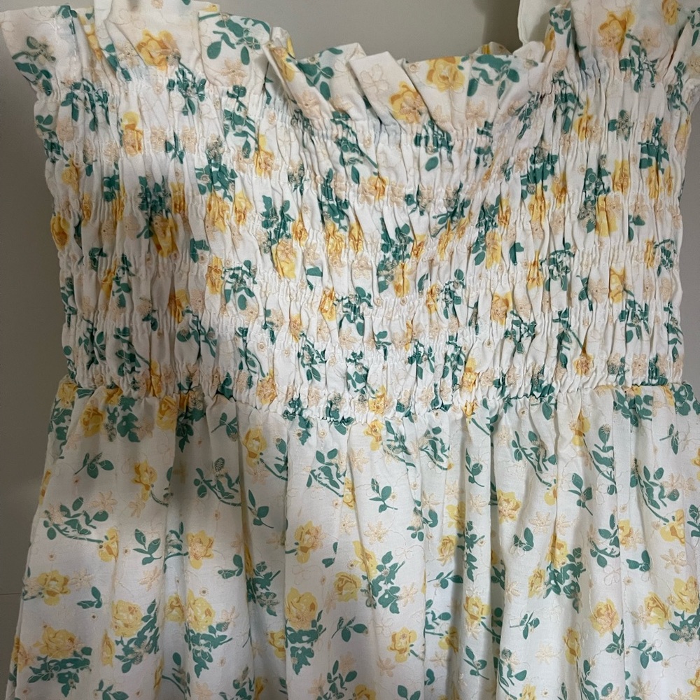 Smocked Tie-Shoulder Floral Midi Dress - White with Yellow & Blue - Picture 3 of 5